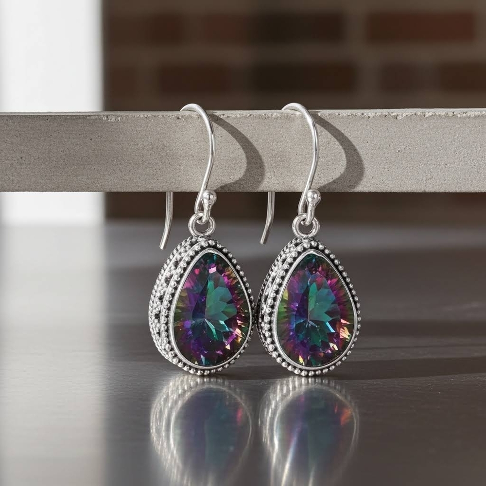 NWOT  Silver and Mystic Rainbow CZ Teardrop Earrings
